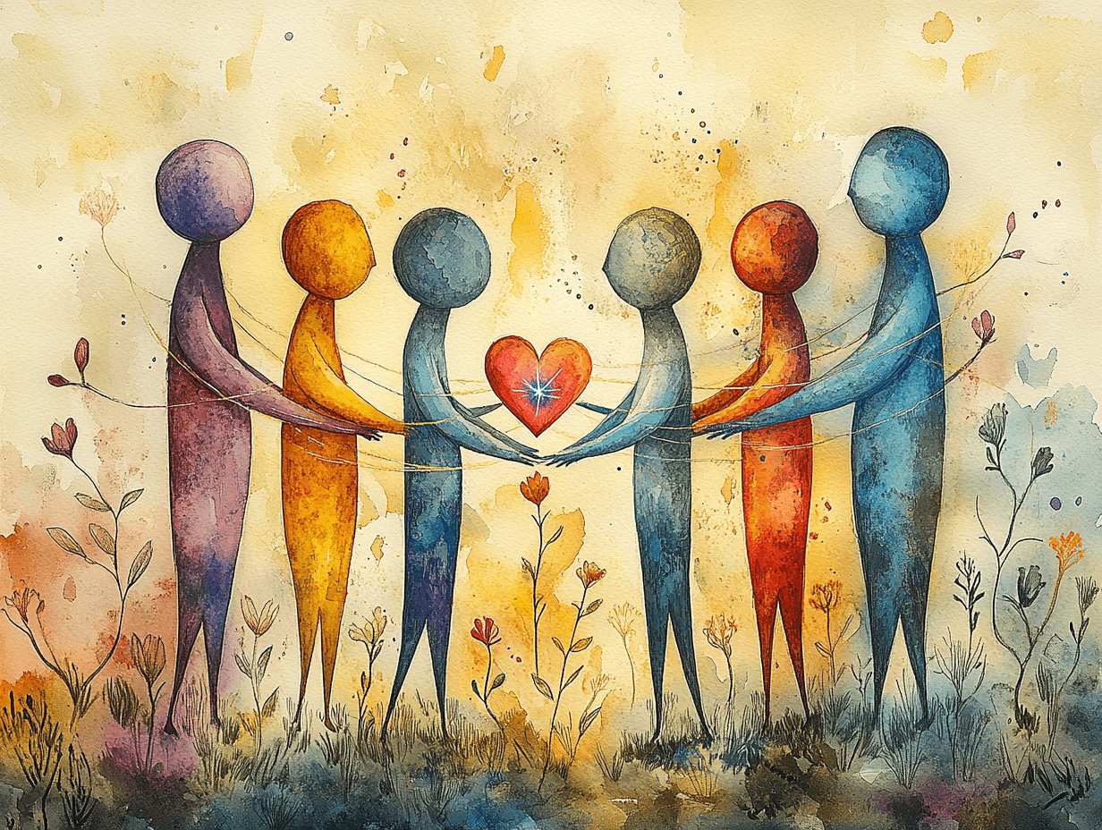 Colorful abstract figures standing in a circle, united around a glowing heart symbol